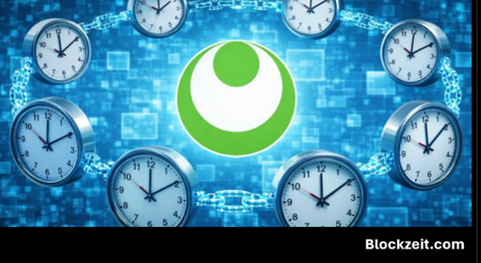 Blockzeit artwork: clock faces linked by a chain around the Clockchain mark