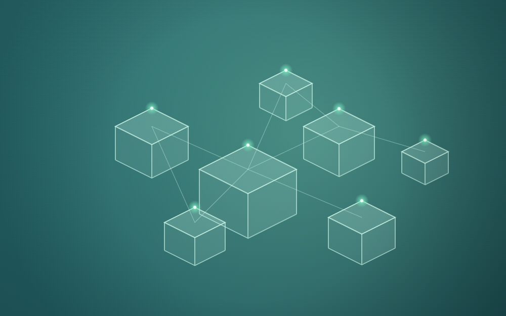 Network of glowing isometric blockchain blocks